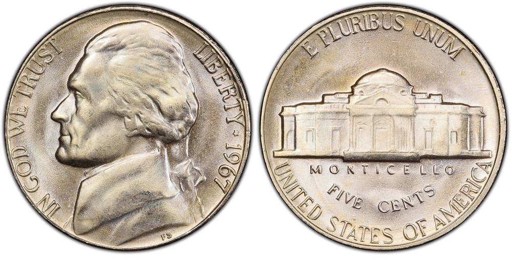 1967 Jefferson nickel obverse and reverse showing no mint mark design