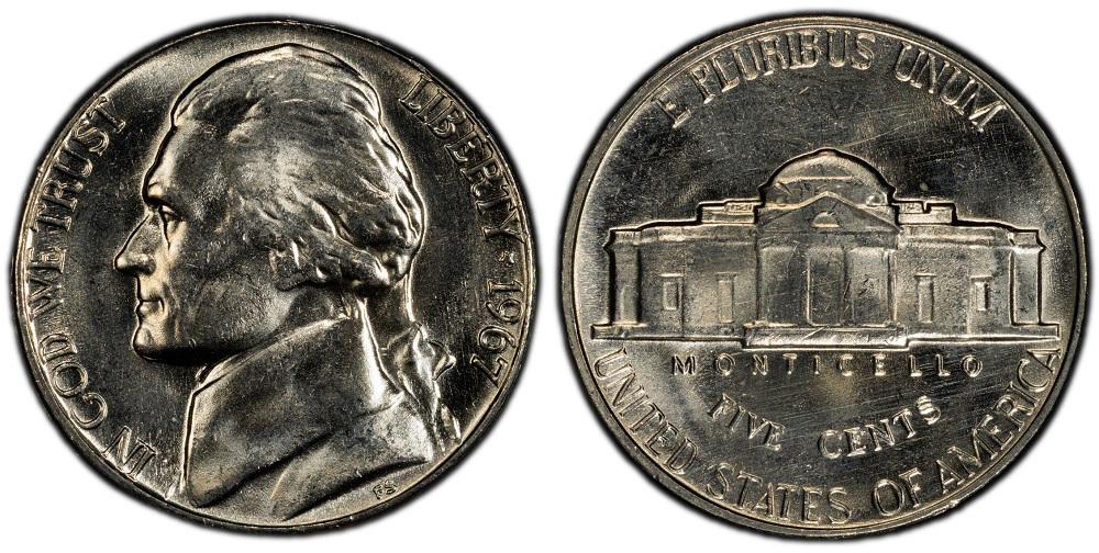 Side-by-side comparison of 1967 business strike nickel versus 1967 SMS Special Mint Set nickel showing surface finish difference