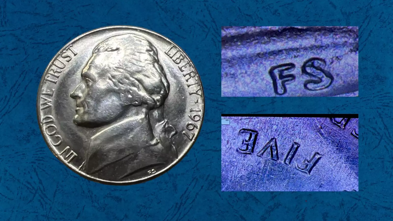 1967 nickel doubled die obverse error showing doubling on Jefferson portrait and LIBERTY lettering