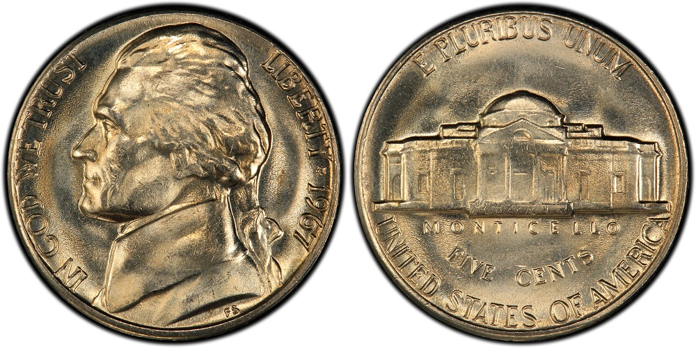 Grading strip showing 1967 Jefferson nickel in four condition tiers from worn to gem mint state